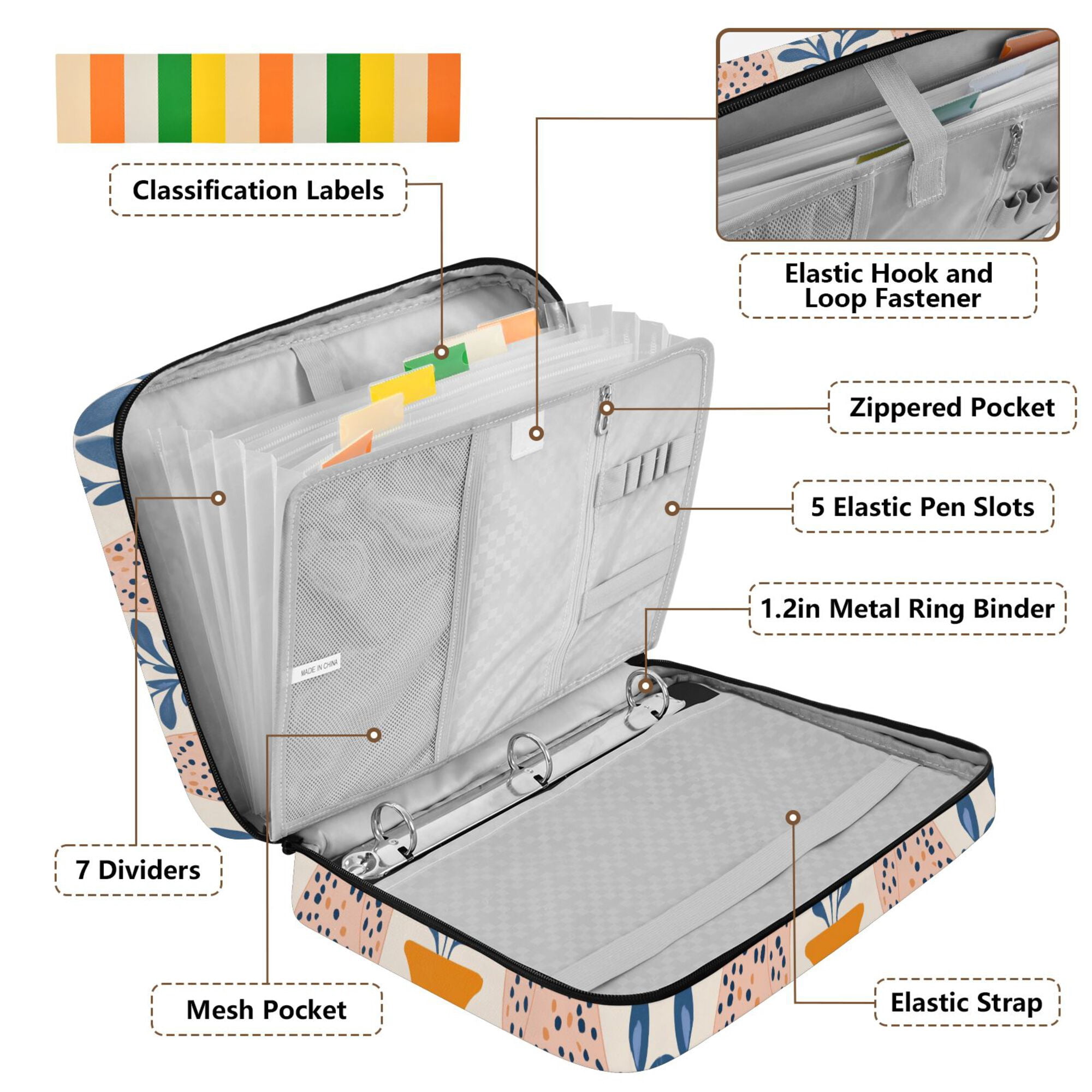 FORMRS Accordion File Folder A4 Size 7-Pocket Expanding Document Organizer Bag with 3 Ring Binder, Leopards Leaves