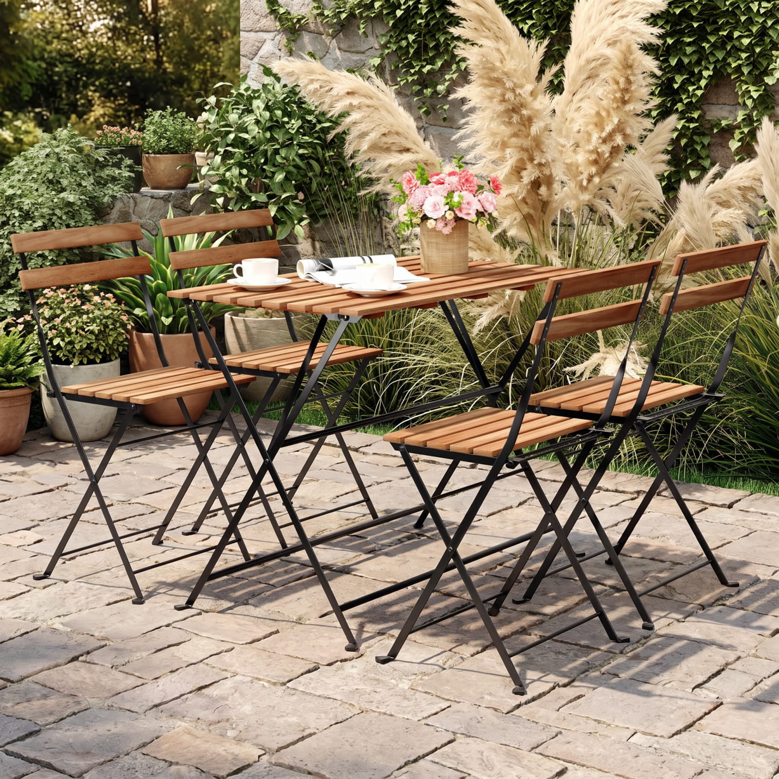 Furnibear 5 Piece Patio Dining Set, Acacia Wood Outdoor Furniture with 4 Folding Chairs and Dining Table for Garden Deck, Black and Brown