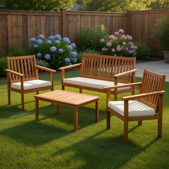 Topcobe 4 Pieces Patio Wood Furniture Set Acacia Wood Sofa Set with Loveseat, Patio Furniture Sets, Off White