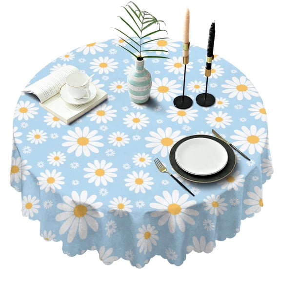 Round Tablecloth Floral Print 60 Inch Daisy Table Cover Wrinkle Free for Dining Kitchen