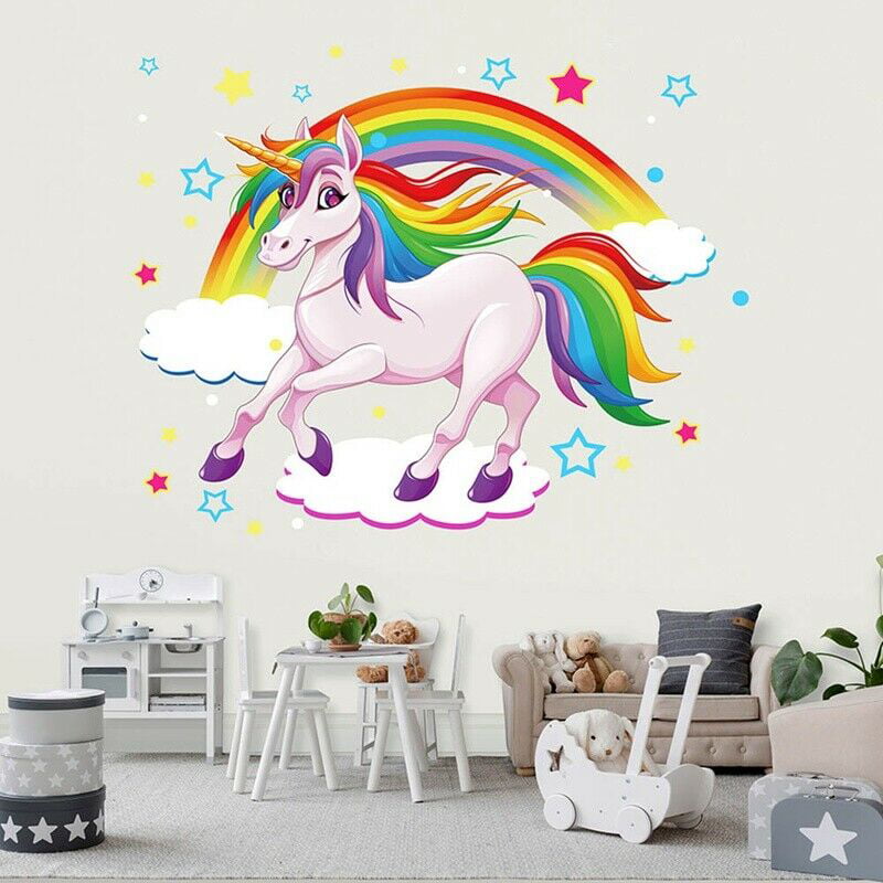 Cartoon Animal Wall Sticker Unicorn Rainbow Wall Decal Butterfly Star Art Decor