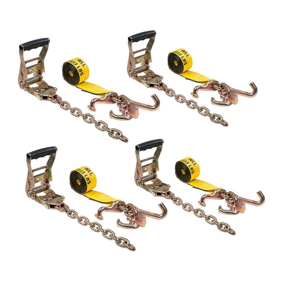 4 Pack 2" Tie Down Chain Ratchet Straps with G70 RTJ Cluster Hooks - Heavy Duty Roll Back Car Hauler Tow Ratchets with Chain 3,335 lbs WLL for Auto Towing & Recovery