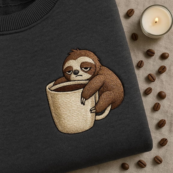 Sleepy Sloth Embroidered Sweatshirt, Funny Coffee Lover Apparel, Cute Tired Sloth Hugging Coffee Mug Crewneck, Tired Animal Shirt