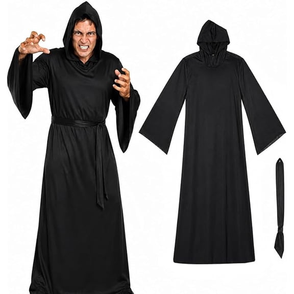 PMU Men's Halloween Horror Costume, Hooded Robe with Sash Belt, One Size Fits Most Adults