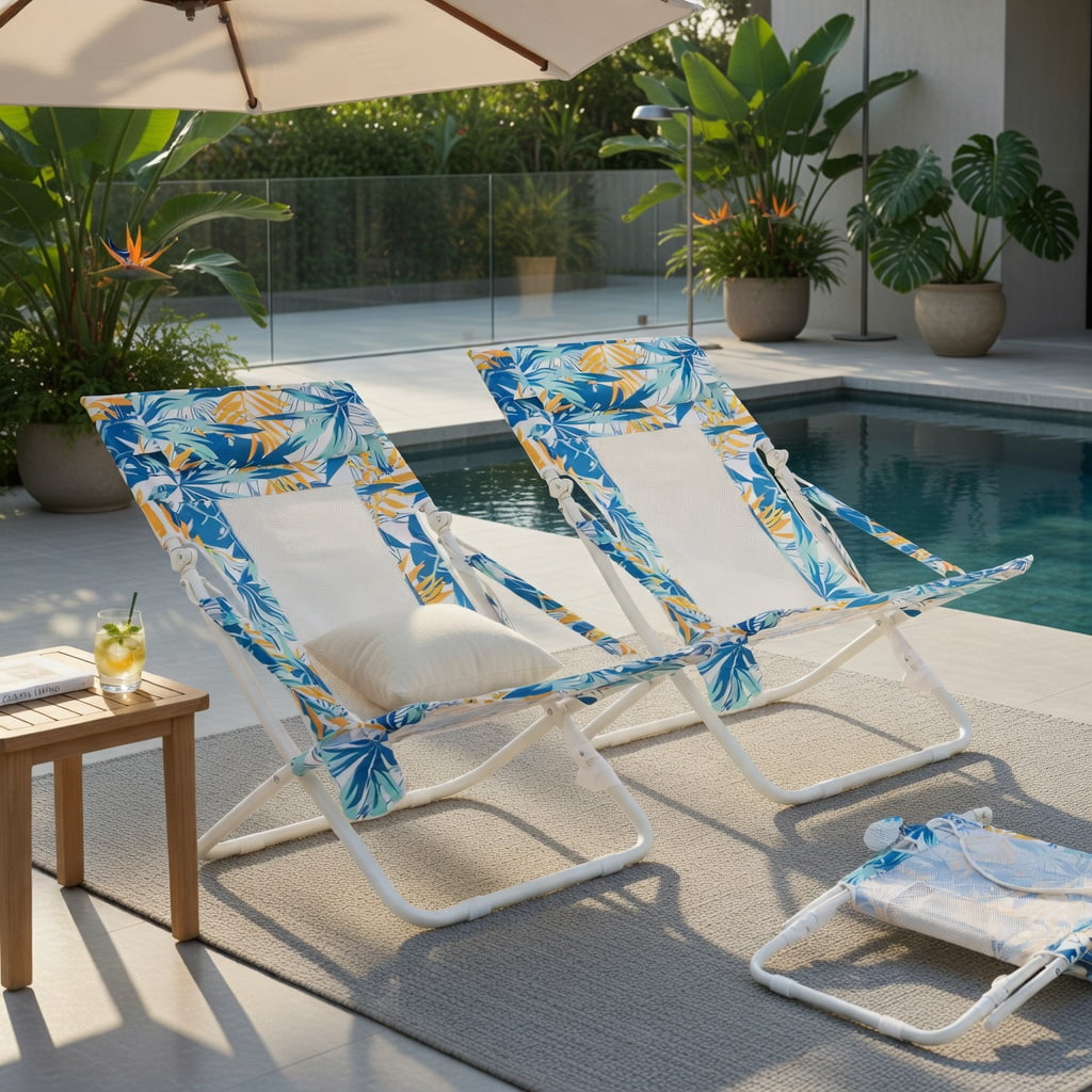 Hommoo 2-Pack Folding Low Beach Chairs with Padded Headrest, Breathable Mesh Back & Cup Holder， Outdoor Patio Sling Chairs for Sand, Lawn, Poolside, Blue