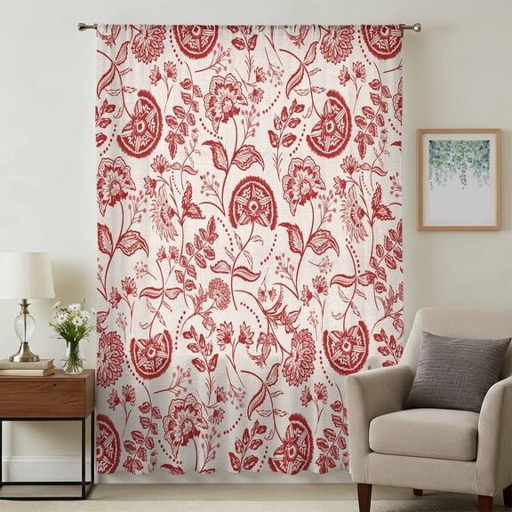 Red Spring Floral Sheer Curtains 72 Inches Long, Summer Botanical Farmhouse Light Filering Curtains, Breathable Simi Curtain Privacy Drapes for Living Room Bedroom Lightweight Window Treatment
