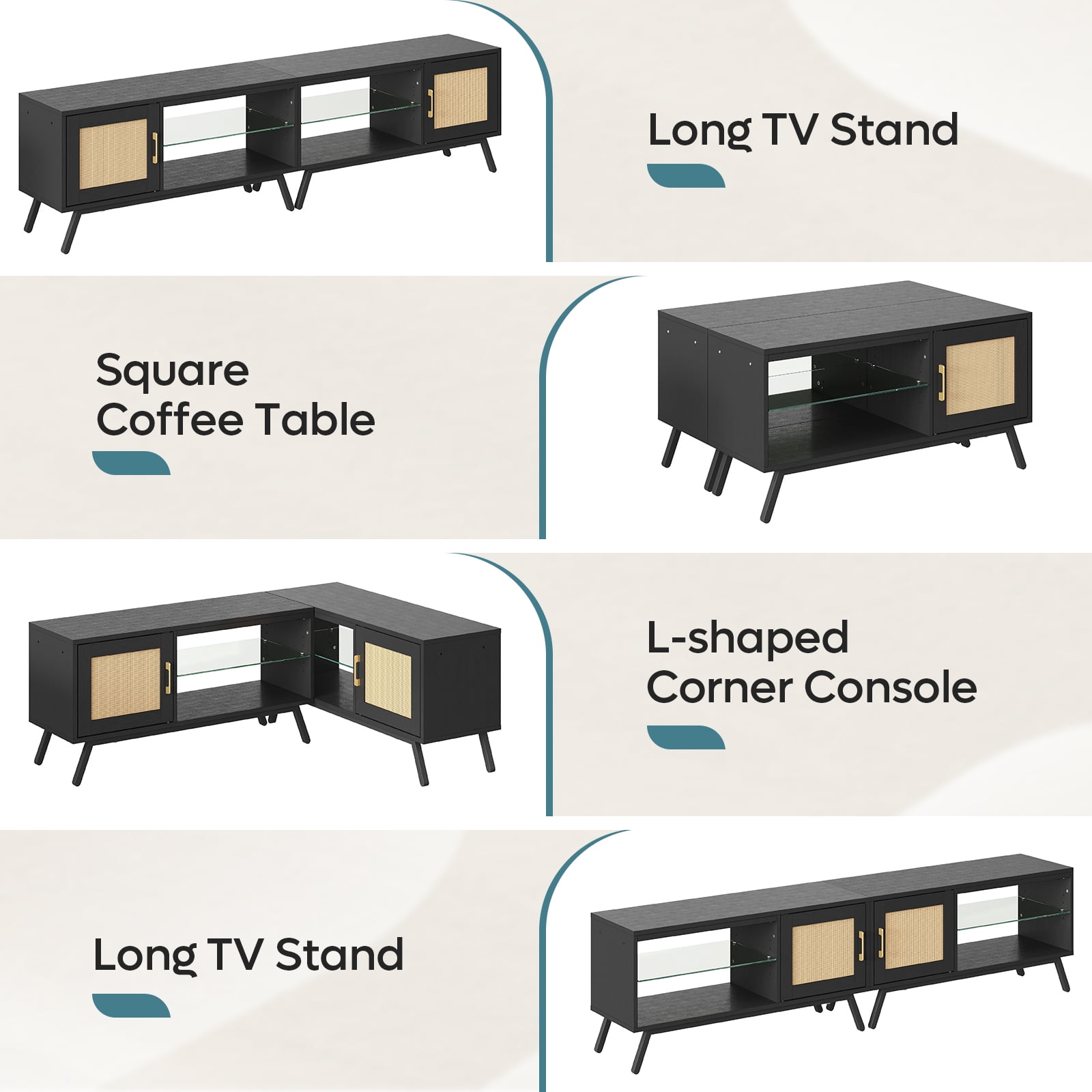 Bestier 80" Black TV Stand with LED for TVs up to 85", Rattan Mid Century Modern Entertainment Center, Black