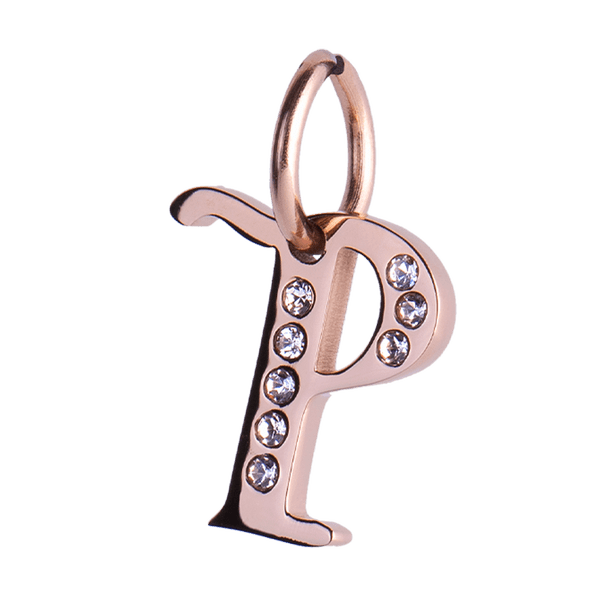 Charm para Pulsera LuckyLy, Dije Inicial Letra A, Acero Inoxidable con Baño de Oro Rosa 18k y Zirconia Cúbica, Modelo Lizzy rosa Letra P