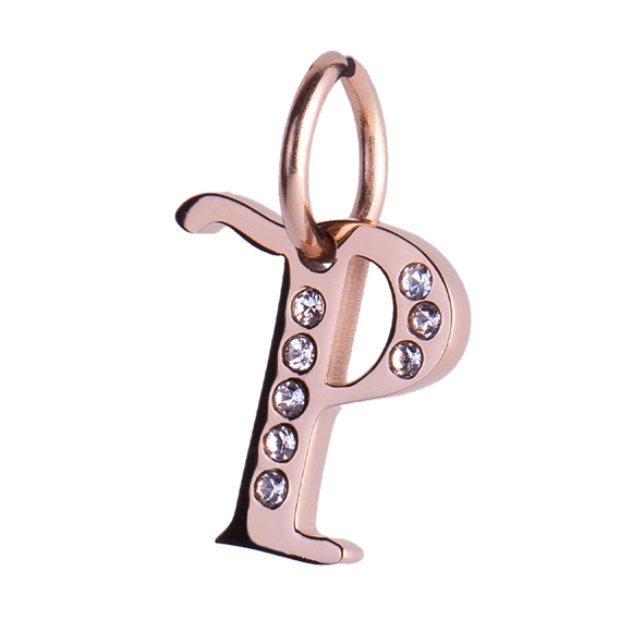 Charm para Pulsera LuckyLy, Dije Inicial Letra A, Acero Inoxidable con Baño de Oro Rosa 18k y Zirconia Cúbica, Modelo Lizzy rosa Letra P