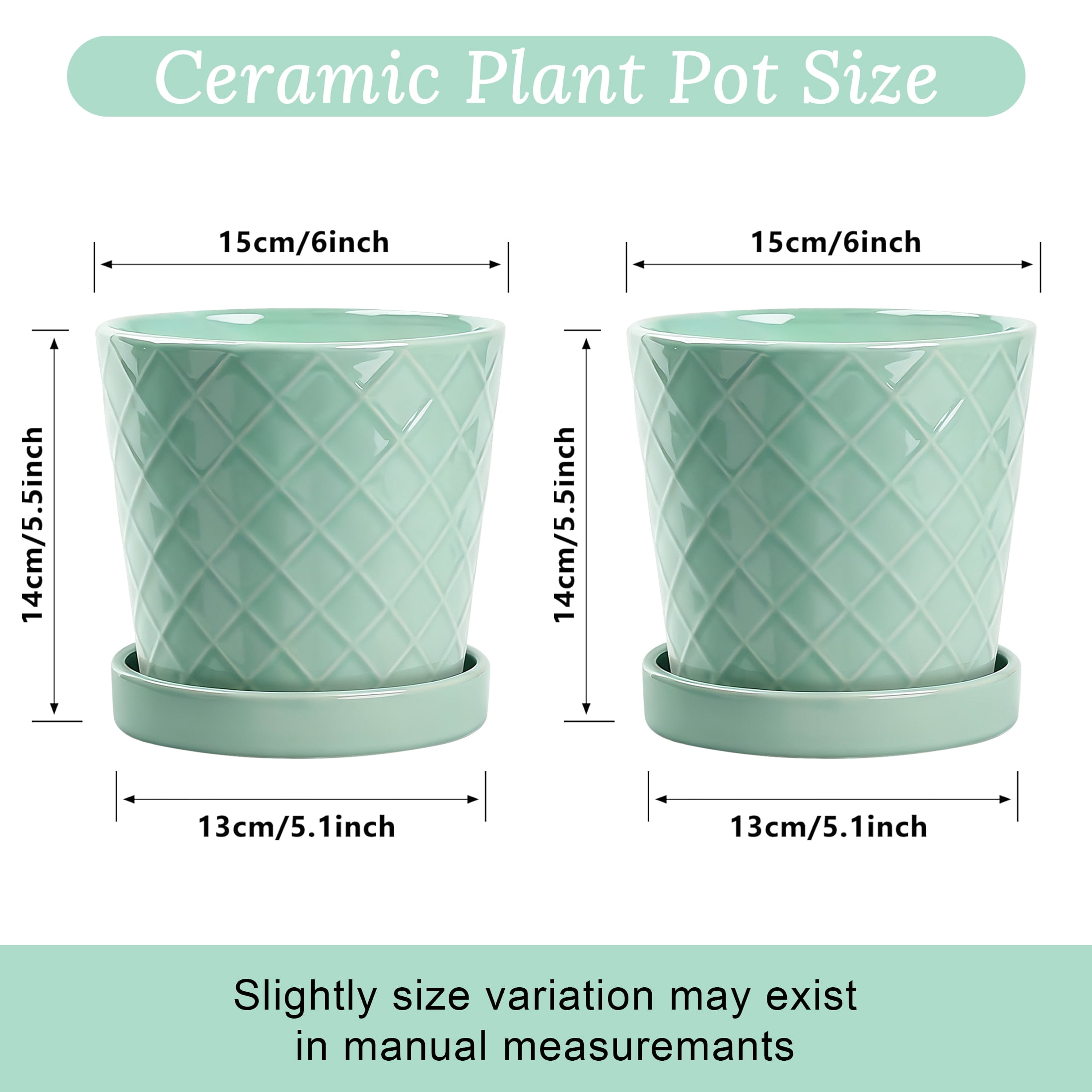 BUYMAX Plant Pots Indoor –6 inch Ceramic Flower Pot with Drainage Hole and Ceramic Tray - Gardening Home Desktop Office Windowsill Decoration, Set of 2(Green)Same pattern