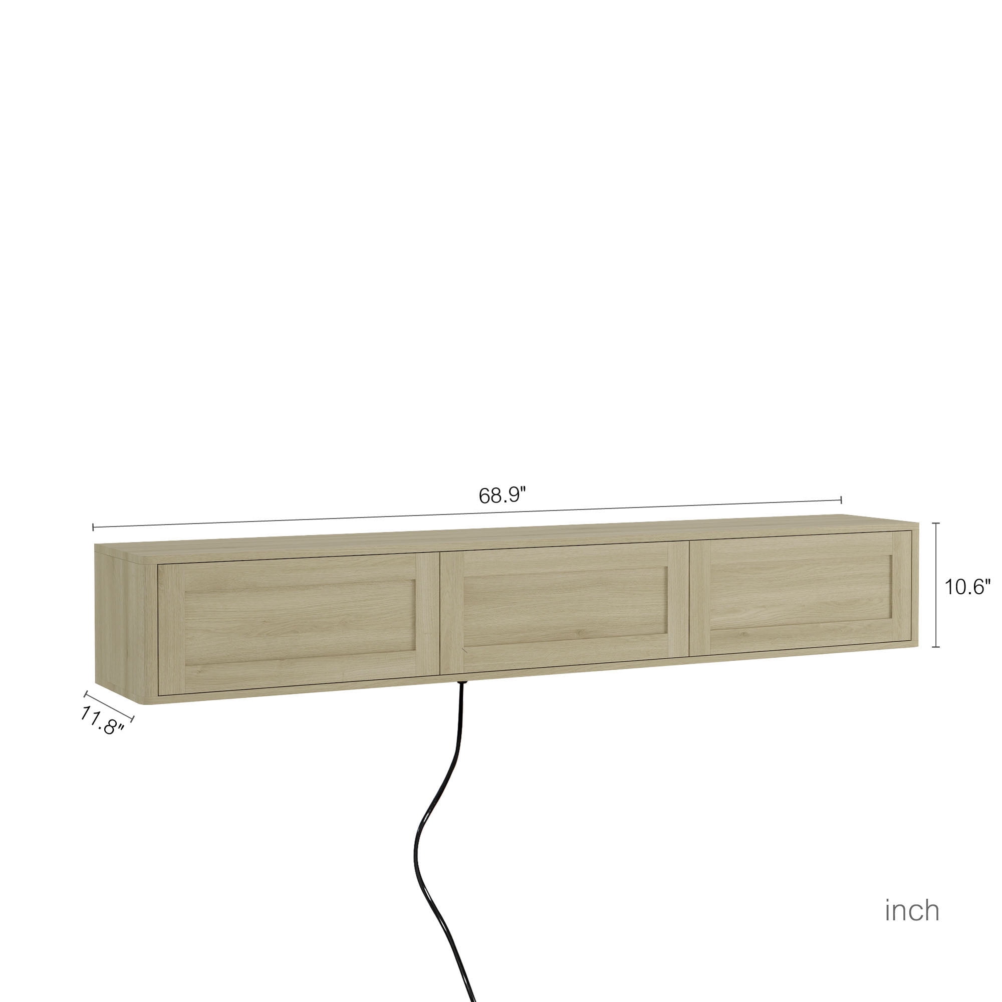 S-HOME Wall Mounted TV Shelf Featuring Led Lights and Power Outlet, High Gloss Floating TV Stand for Your Living Room，Light-colored Wood