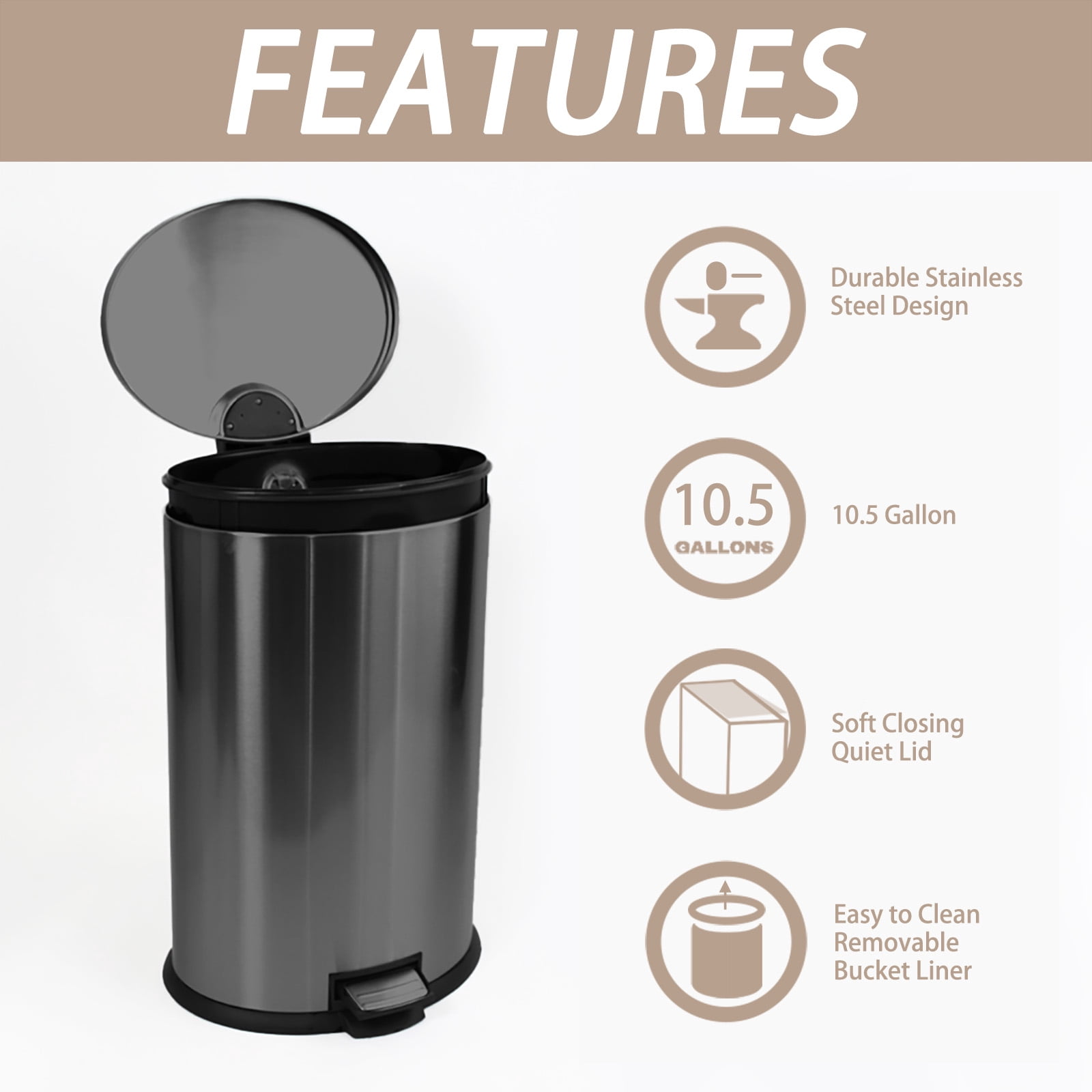 Koomade Stainless Steel Kitchen Trash Can 10.5 Gal, Soft Close Step Garbage Bin with Lid, Black