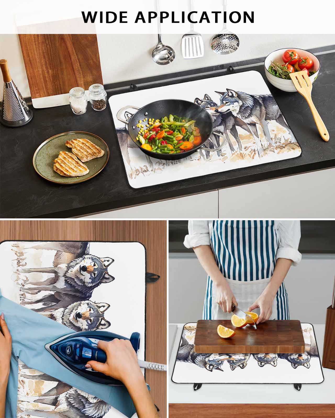 nqOlkjepod Large Induction Cooktop Protector Mat 24"x21", Vintage Wolves Stove Top Covers for Electric Stove, Vintage Chic Watercolor Animals Stove Burner Cover Mats, Glass Top Stove Cover