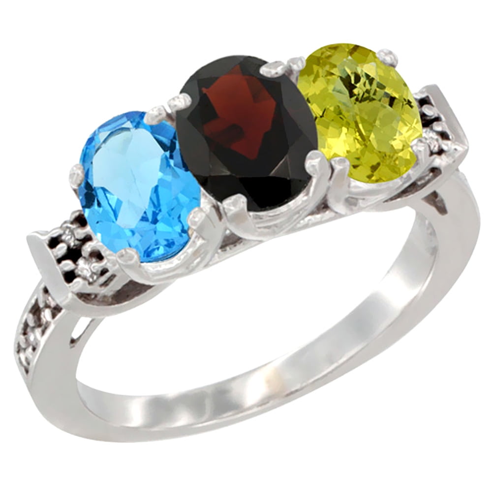 14K White Gold Natural Swiss Blue Topaz, Garnet & Lemon Quartz Ring 3-Stone 7x5 mm Oval Diamond Accent, sizes 5 10 by WorldJewels