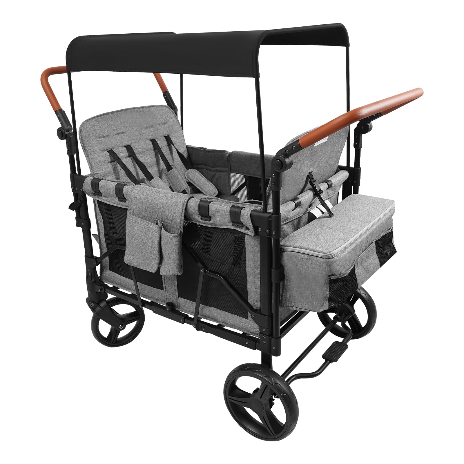 Foldable Double Push Bar Wagon Stroller, Wagon Cart Featuring 4 High Seat