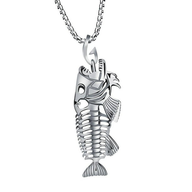 Cameland Fish Bone & Fishing Hook Skeleton Stainless Steel Pendant