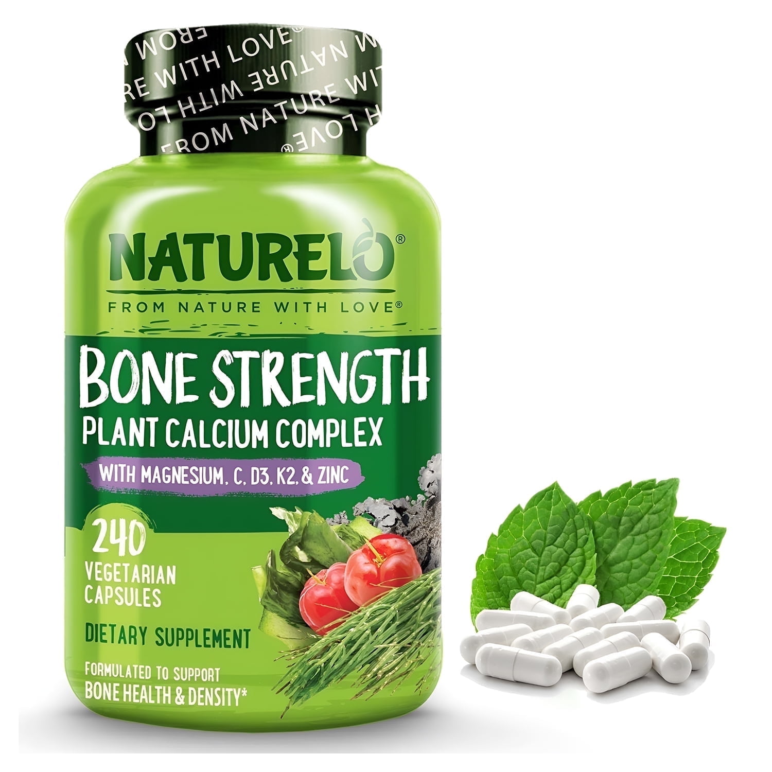 NATURELO Calcium Supplement - Vitamin C, Vitamin D3, K2, & Ca Magnesium Zinc for Bone Strength with Calcium 600mg - Plant-Based, 240 Vegetarian Capsules, Non-GMO, Soy & Gluten-Free