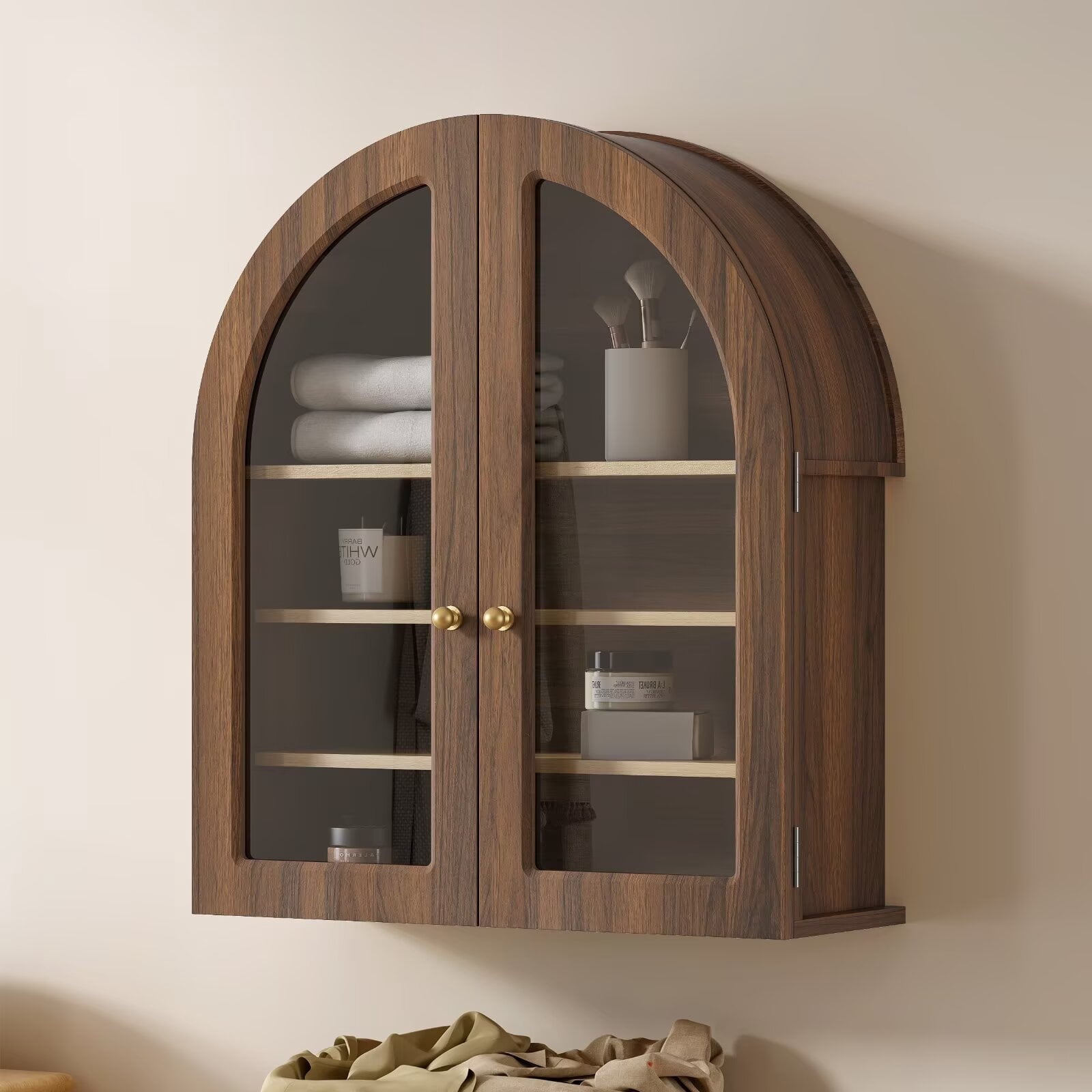 Joyyskill Arched Bathroom Wall Cabinet Modern Wooden Medicine Cabinet with Acrylic Doors, Farmhouse Wall Mounted Cupboard Storage Organizer, Brown Oak
