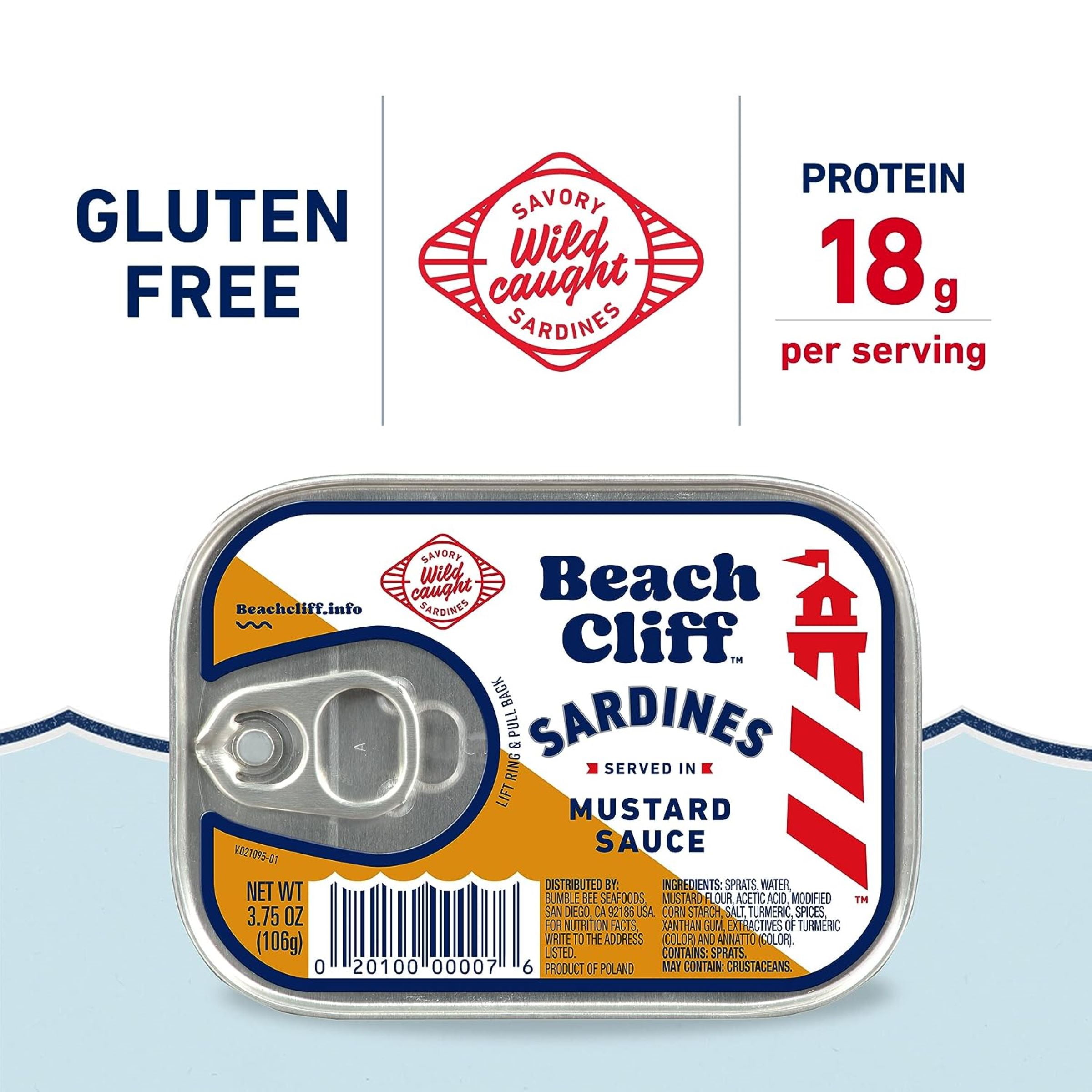 Beach Cliff Wild Caught Sardines in Mustard Sauce, Gluten Free, 18g Protein Per Serving, Shelf Stable Tin Can, 3.75 oz