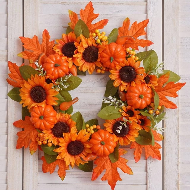 Simulation Sunflower Maple Leaf Wreath Thanksgiving Halloween Garland Home Decorations for Front Doors Windows Pillars