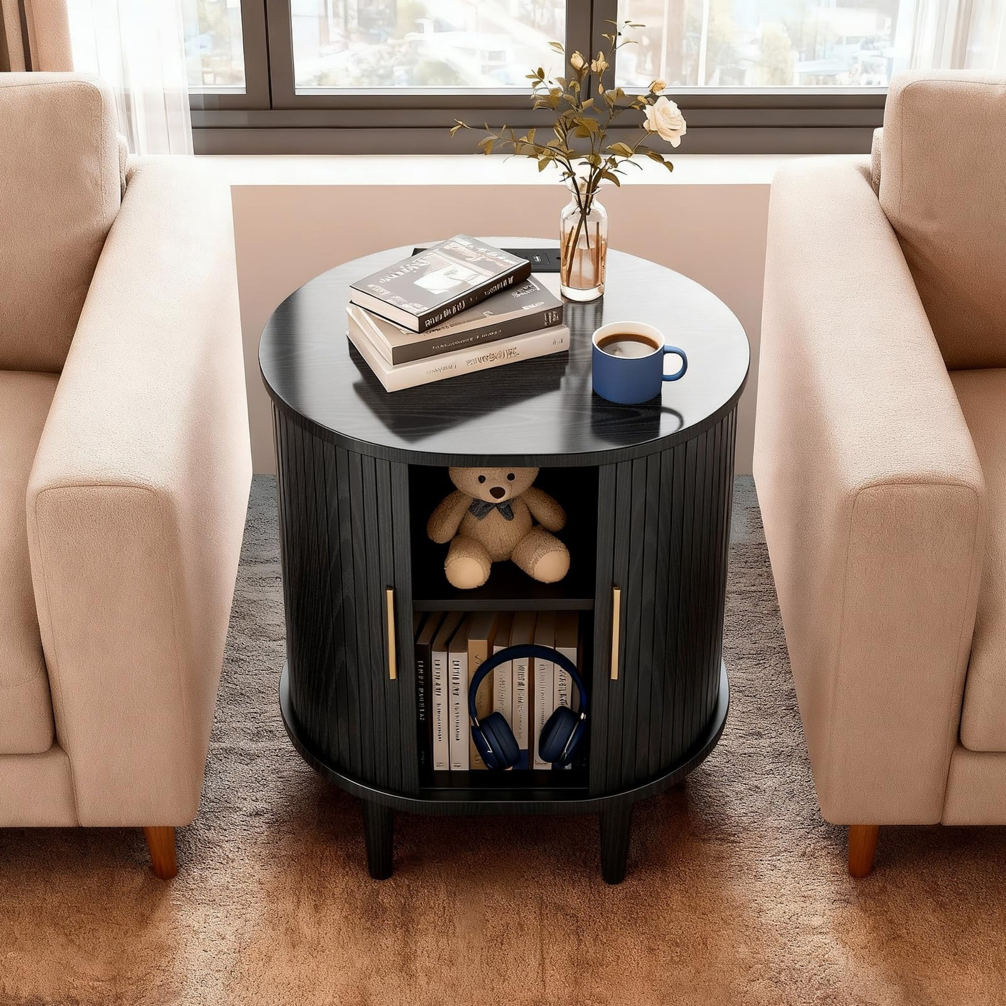 Mid Century Modern Nightstand with Charging Station, Fluted Side Table with Sliding Door & Adjustable Shelf, Black