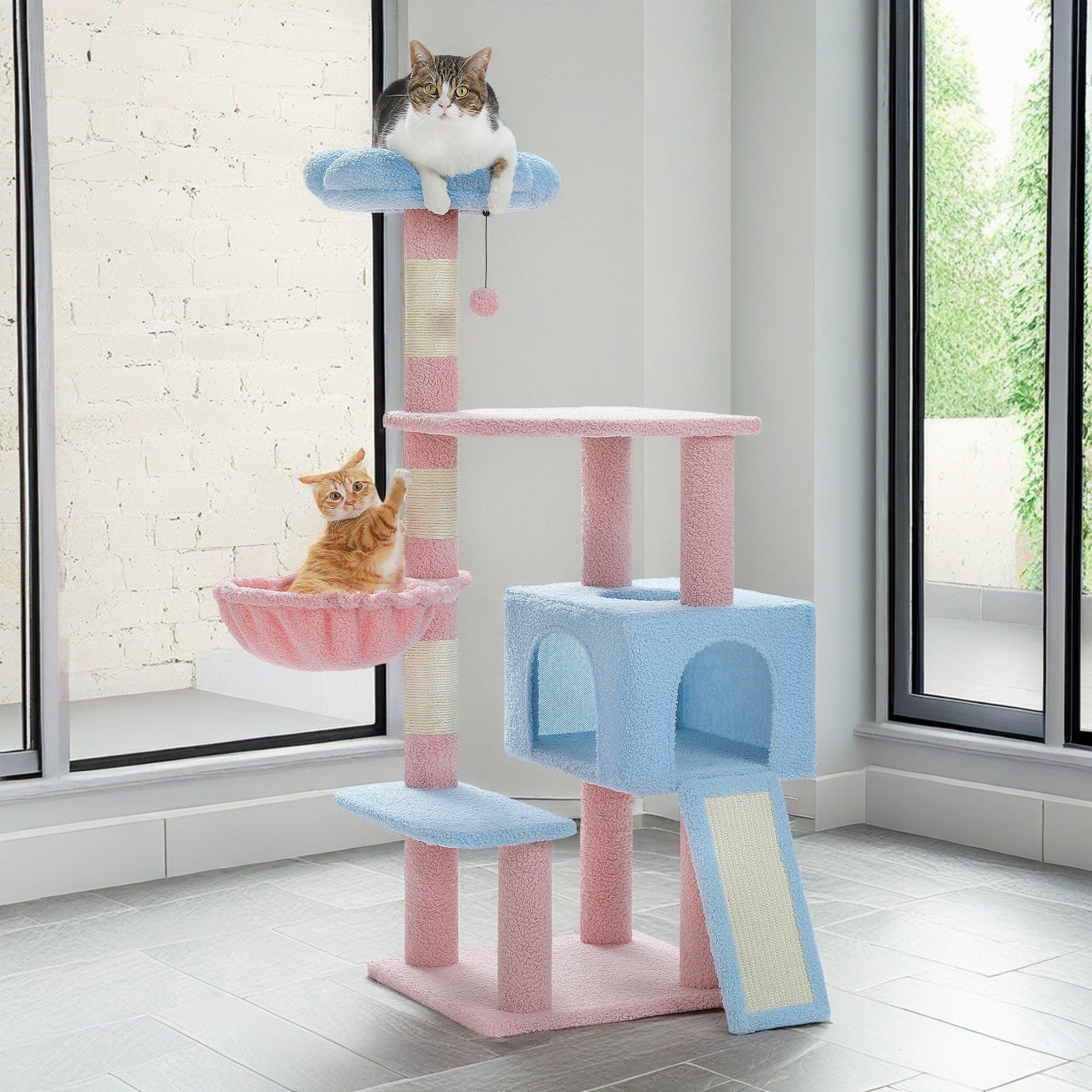 Kadyn 47" Cat Tree House for Indoor Cats, Cat Condo with Sisal Scratching Posts, Cat Tower with Pink Top Perch for Kittens, Blue