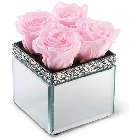SOHO FLORAL ARTS | Mirrored Vase Pave Accent | Real Roses That Last a Year and More | Eternal Roses in a Box (Pink  4) | Valentines Day Gifts