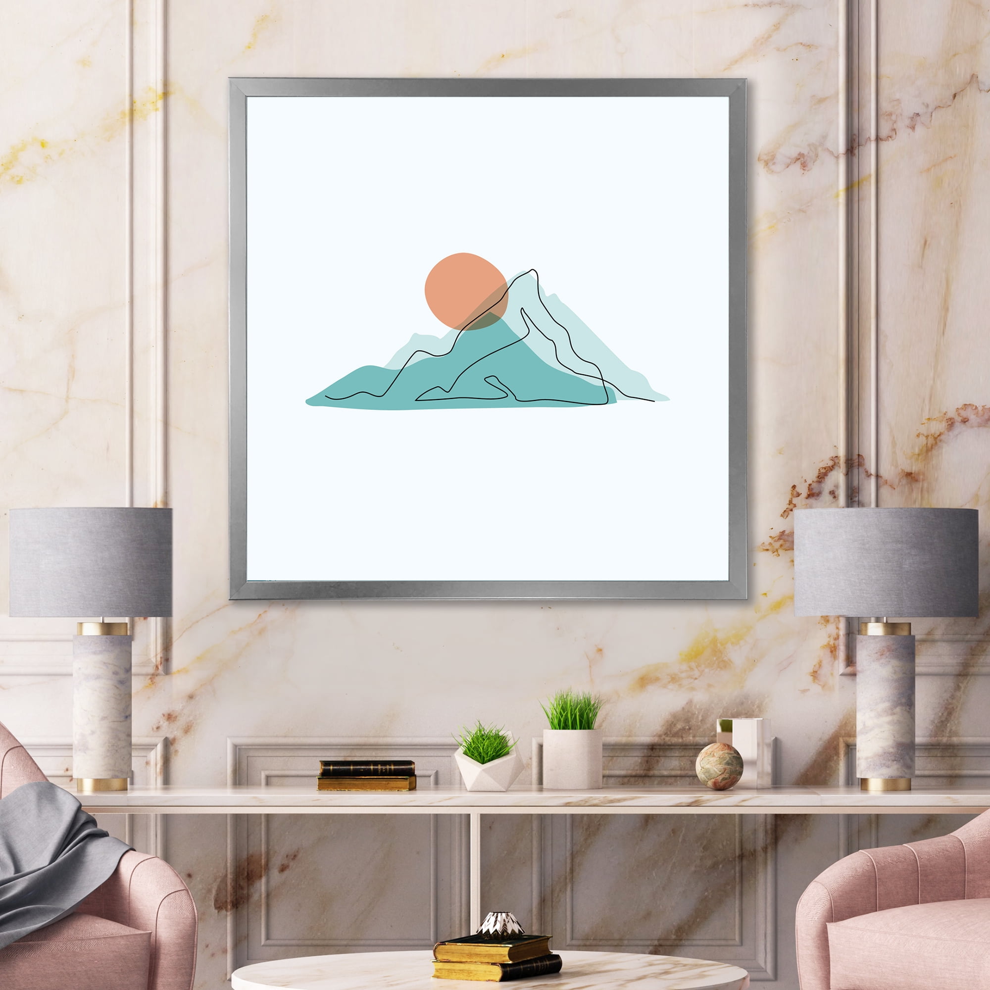 Designart 'Abstract Blue Mountains With Red Moon II' Modern Framed Art Print