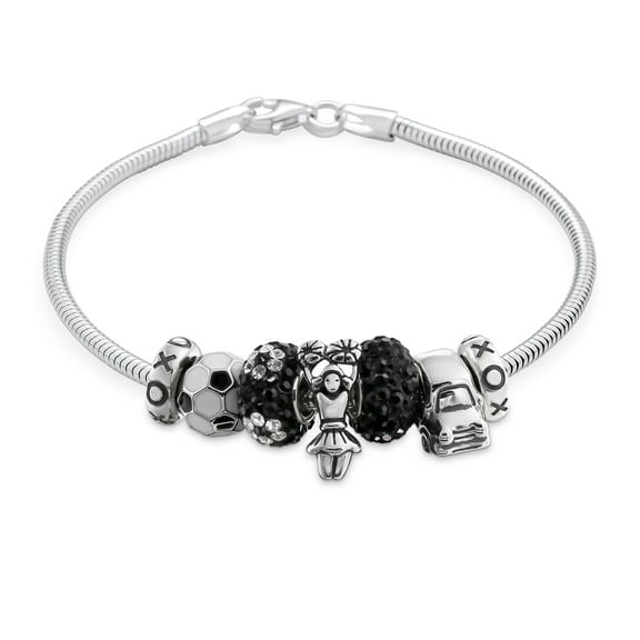 Bling Jewelry Womens Black White Soccer Mom Charm Bracelet with Cheerleader Beads 6.5-8.5 Inch