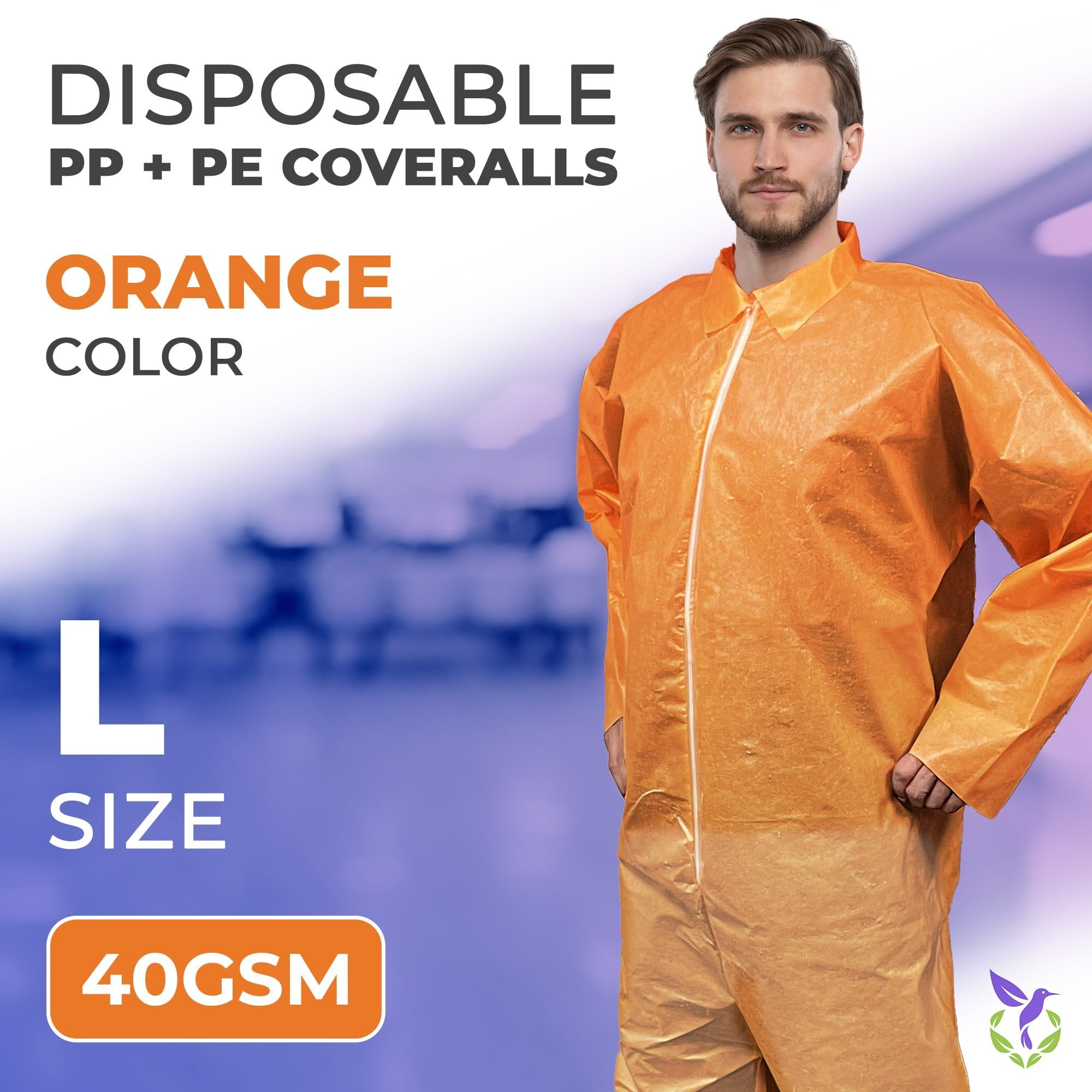 Large Disposable Orange Hazmat Coveralls, 40 GSM PP+PE, Open