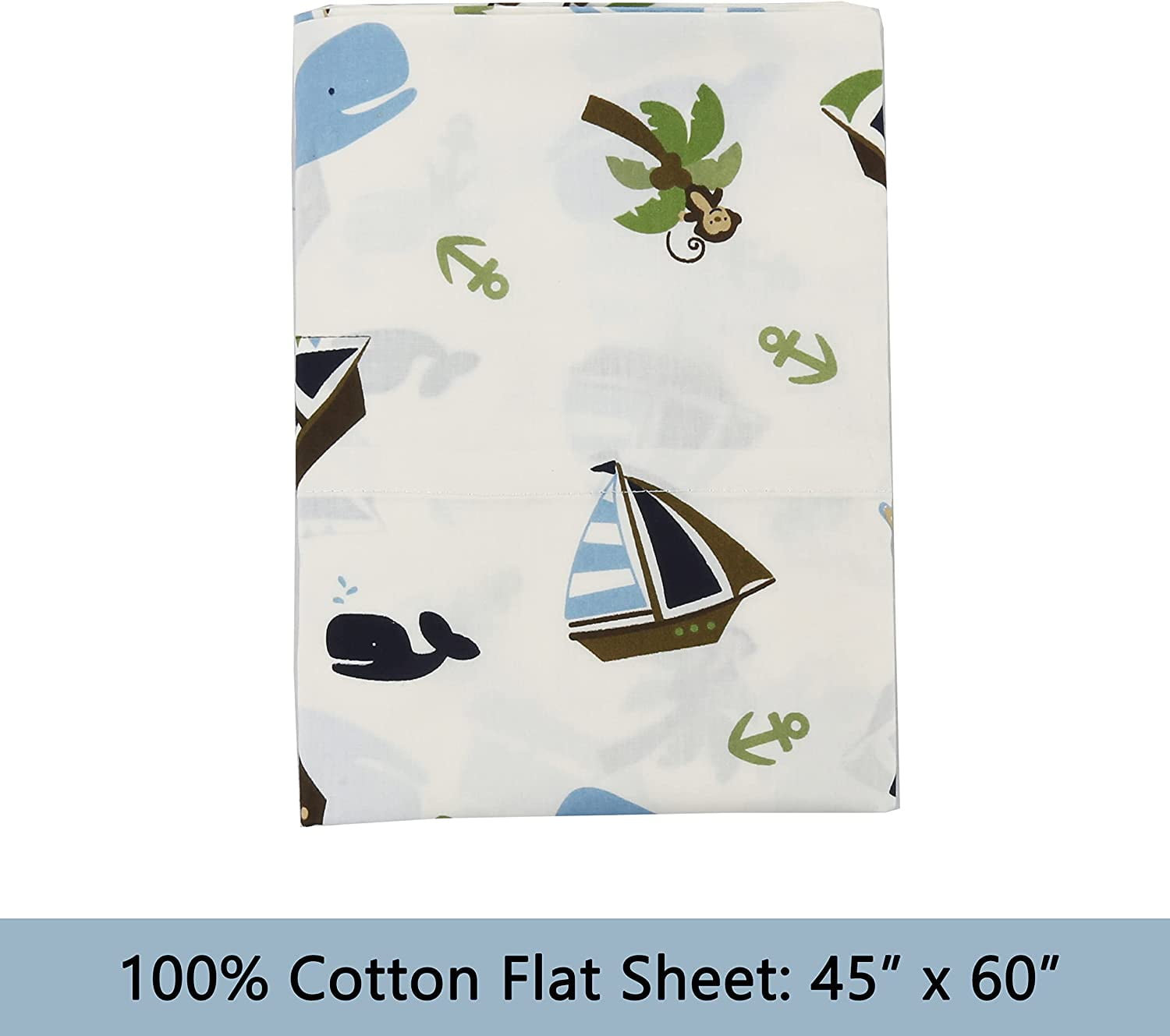 Ocean Blue Whale Ships Sail Monkey Island 3 Piece White Cotton Toddler Sheet Set