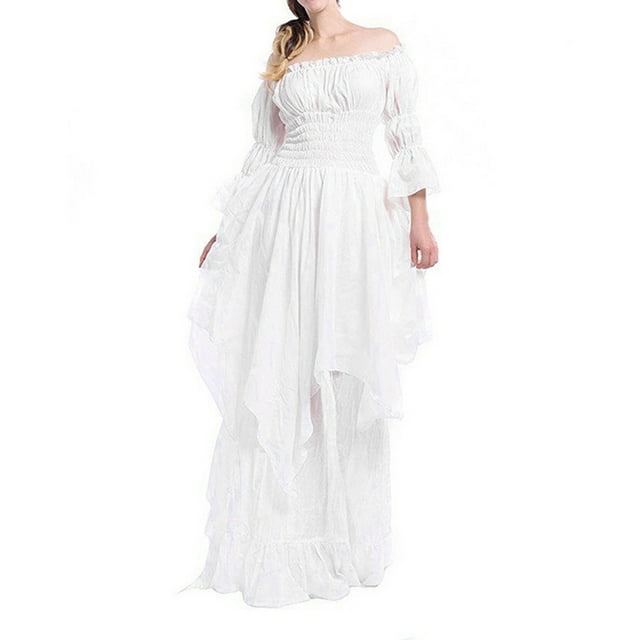 Kcodviy Robe Femme Asymétrique Décontractée à Col en V, Manches Bouffantes, Épaules Dénudées, Robes pour Femmes Longueur Midi, à Volants, Médiévale pour Femmes, Robe Maxi Sans Manches, Robe de Cosplay
