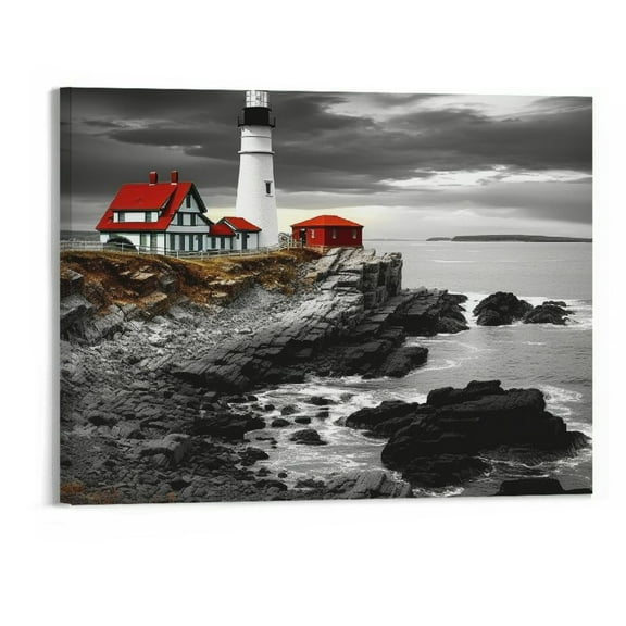 Creowell Black and White Red Wall Art Portland Lighthouse Landscape Picture Canvas Painting Ocean Beach Artwork for Home Living Room Wall Decoration Stretched Ready to Hang 20x16 inch