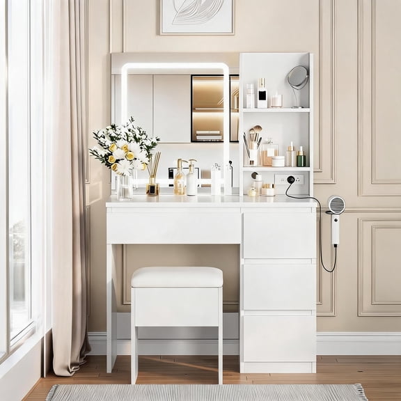 Makeup Vanity Desk with LED Mirror, 4 Drawers, Power Outlet, Storage Stool, Storage Shelves and Hair Dryer Holder, 3 Lighting Modes