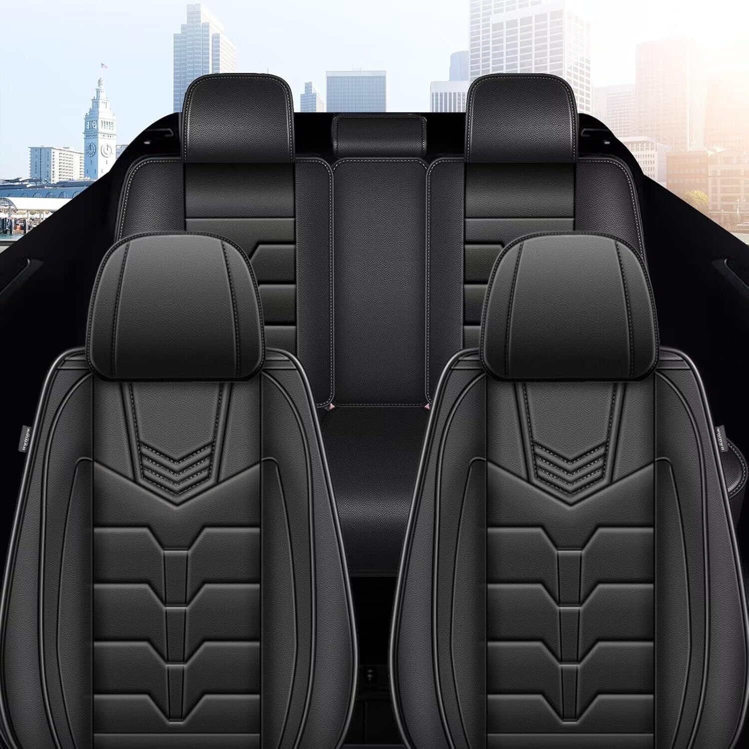 AOMSAZTO Full Set Car Seat Covers Fit fo Toyota RAV4 2007-2025 Faux Leather Seat Cover 2 Rows 5 Seats Waterproof Seat Cushion Protector (BLACK)