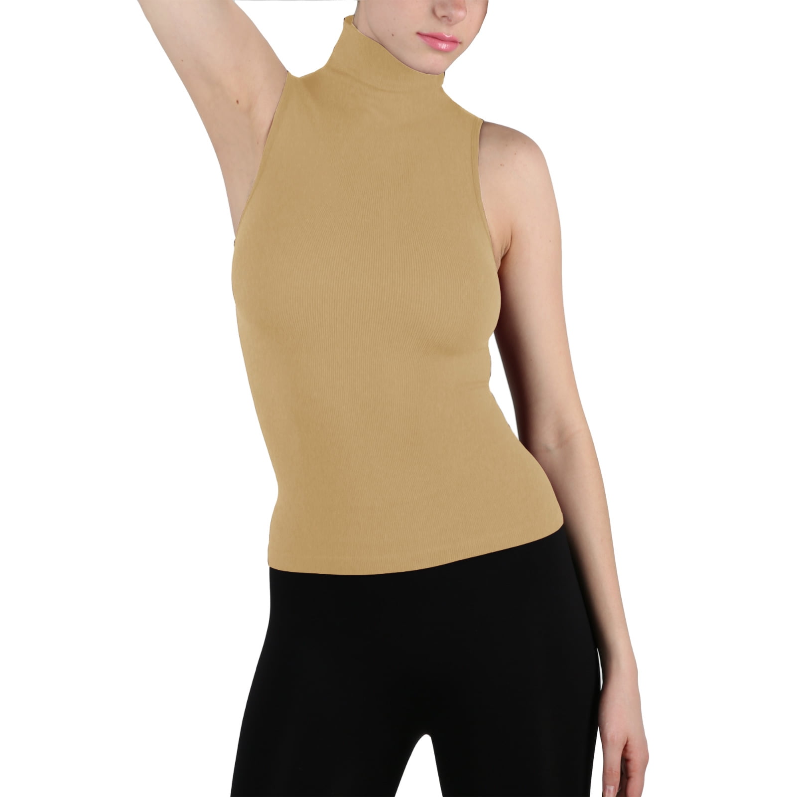 Kuda Moda Seamless Ribbed Mock Neck Sleeveless Top for Women