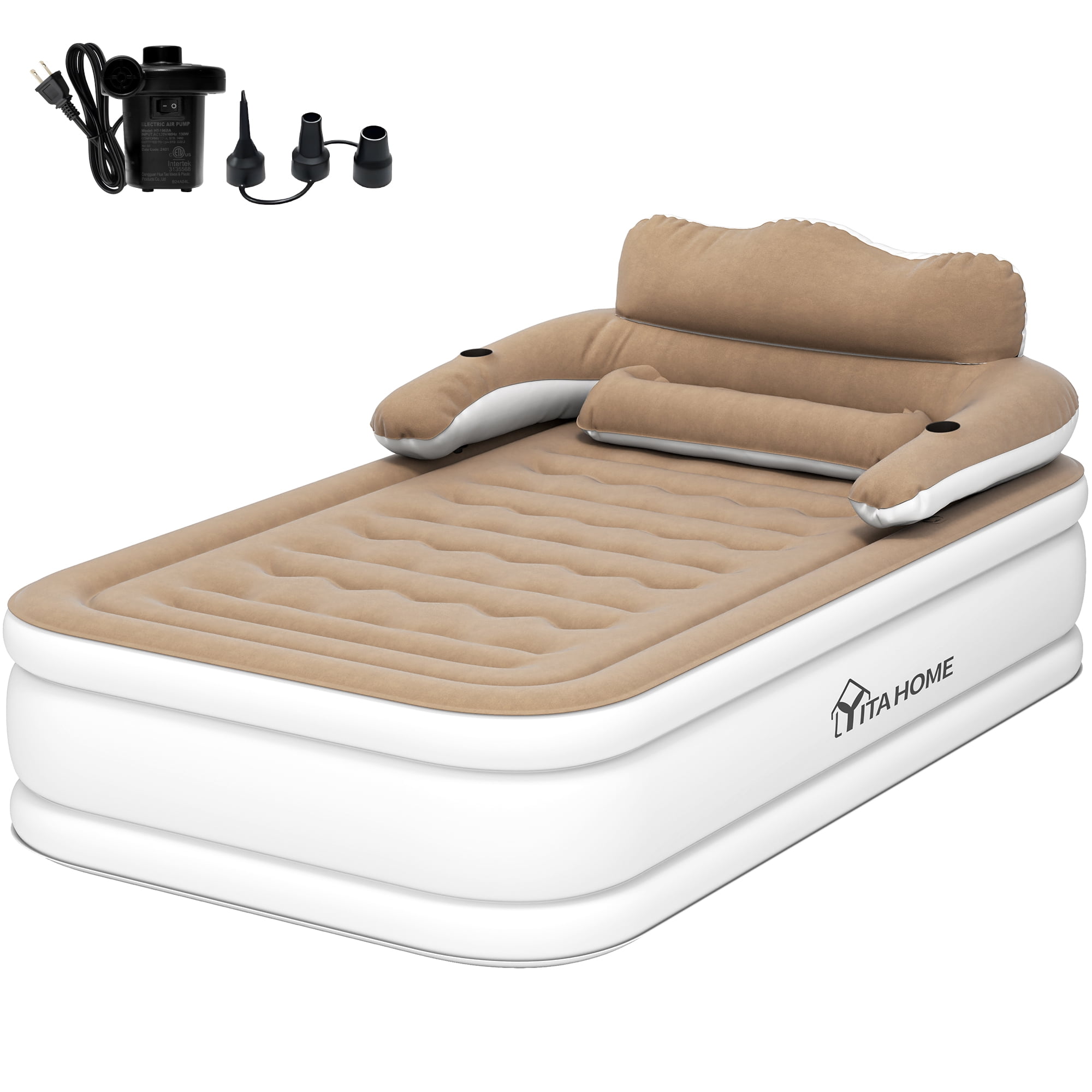 Dextrus Queen Size Inflatable Air Mattress with Built-in Pump, White Frame & Khaki Top, Includes Repair Kit & Storage Bag, Supports Inflation/Deflation