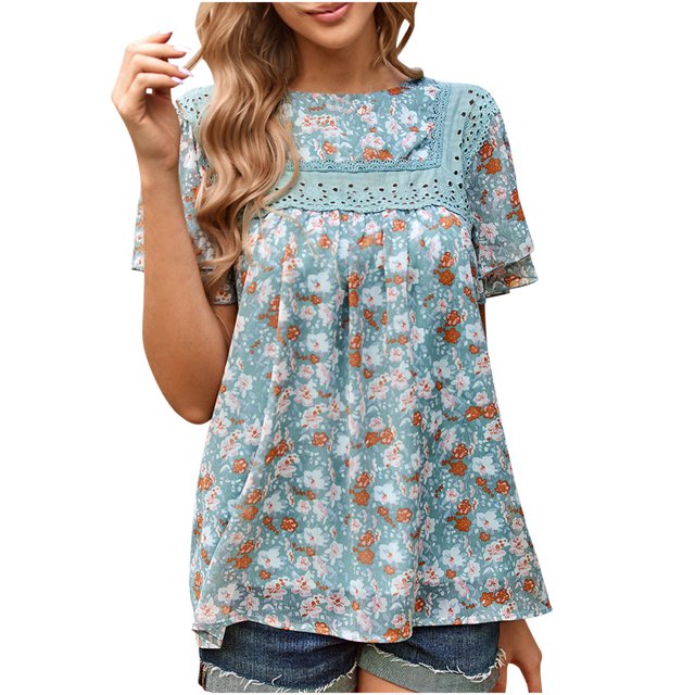 Blusa de manga corta con cuello redondo informal de primavera y verano con estampado de mujer OAVQHLG3B Store lin121212