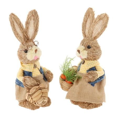 Straw Rabbit 35cm with Clothes Bunny Statues Easter Decoration for Desk Home Yellow Grid