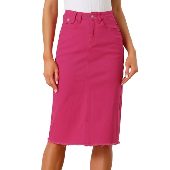 INSPIRE CHIC Women's Denim Skirt High Waist Raw Hem Knee Length Wrap Jean Skirts Hot Pink XL
