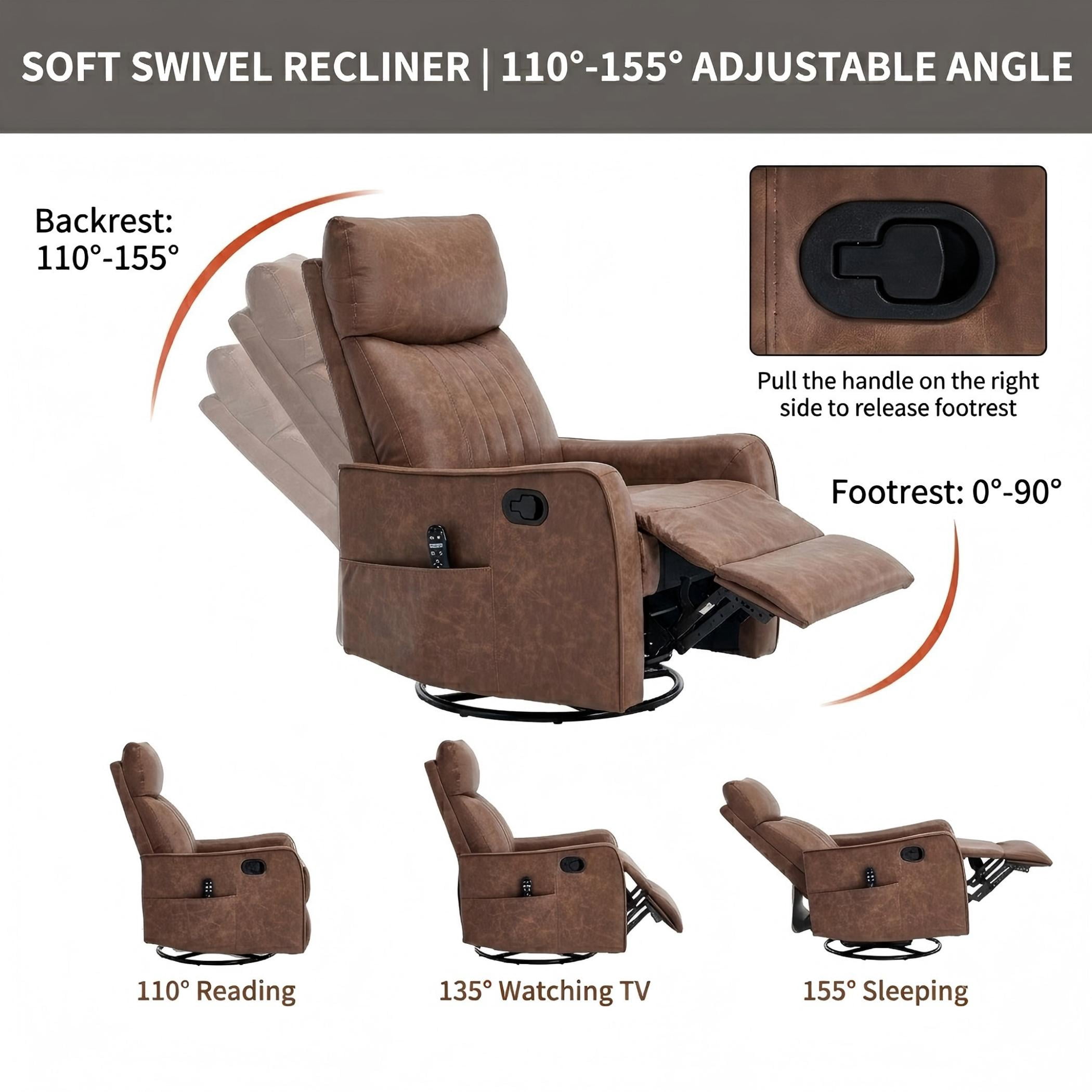 Aukfa Massage Recliner Chair with Heat, Faux Leather 360° Swivel Rocker Recliner, Overstuffed Manual Reclining Glider Chair with Vibration, Brown