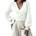 thumbnail image 3 of Women'S Casual V Neck Wrap Sweater Pullover Long Sleeve Slim Fit Knit Crop Top Sweater White M, 3 of 9