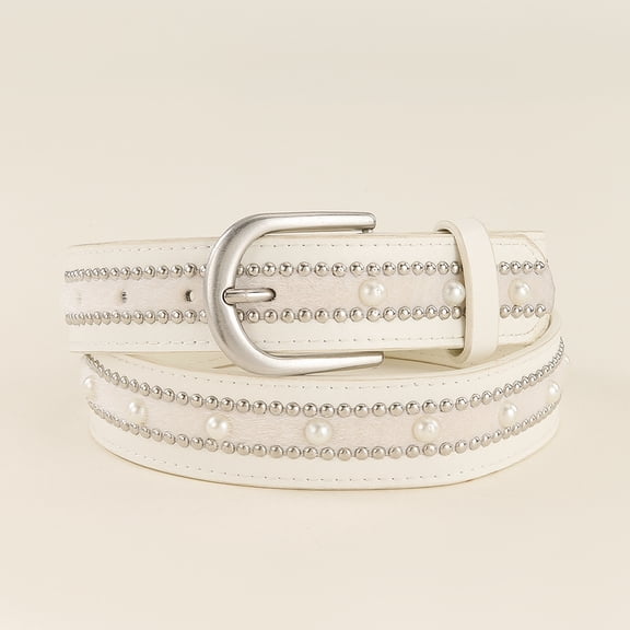 Zhuge Women's Punk Rock PU Leather Belt, Circle Studded Rivet Belt Perfect for Jeans, Pants & Dresses, White