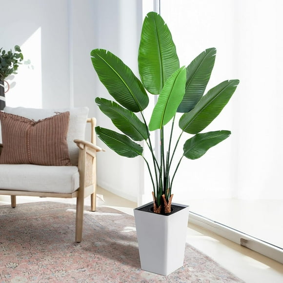 Artificial Bird of Paradise Plant with White Tall Planter, 5ft Tall Tropical Palm Tree Plants, Artificial Silk Trees for Home Office Floor Room Decor Plants Indoor Outdoor, Housewarming Gift