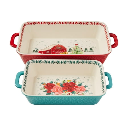 The Pioneer Woman Cheerful Rose 2-Piece Rectangular Ceramic Holiday Bakeware Set