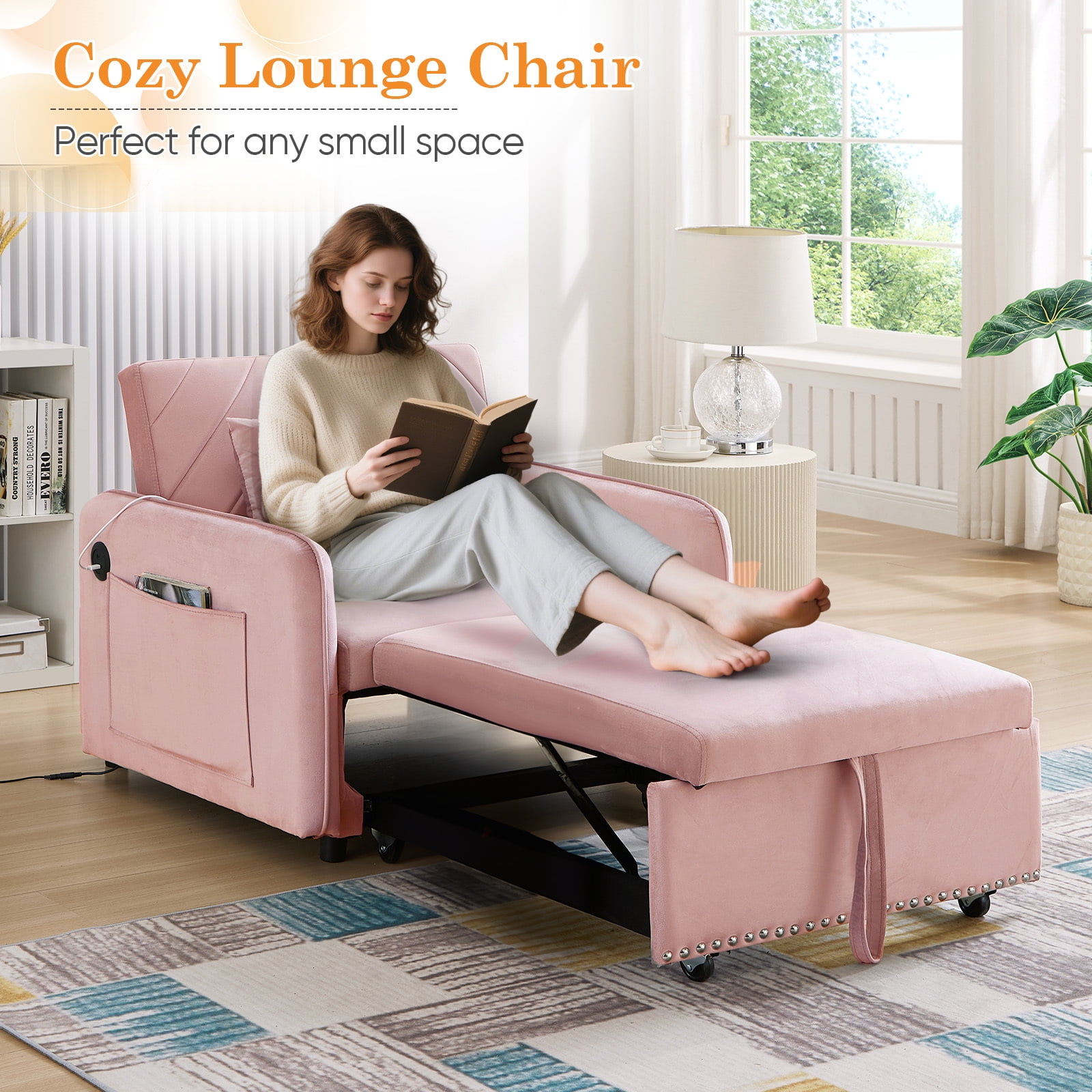 Lunale Convertible Sleeper Chair Bed, Indoor Lounge Chair with USB, Velvet Single Sofa Bed, Pink