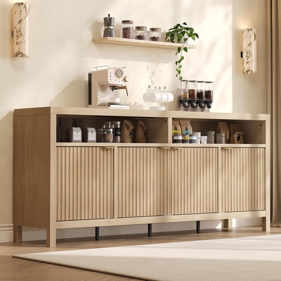 65" Fluted Sideboard Buffet Cabinet with 4 Doors, Long Storage Cabinet for Kitchen & Living Room, Natural Wood