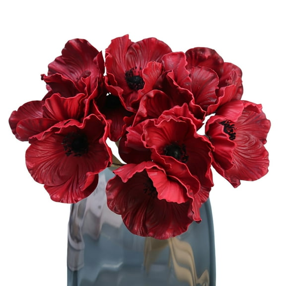 10 Stem Artificial Flowers Red Poppy Flowers Bouquet PU Real Touch Fake Anemone Flowers Faux Poppies for Wedding Bridal Holding Flowers Home Kitchen Office Table Centerpiece Floral Arrangements