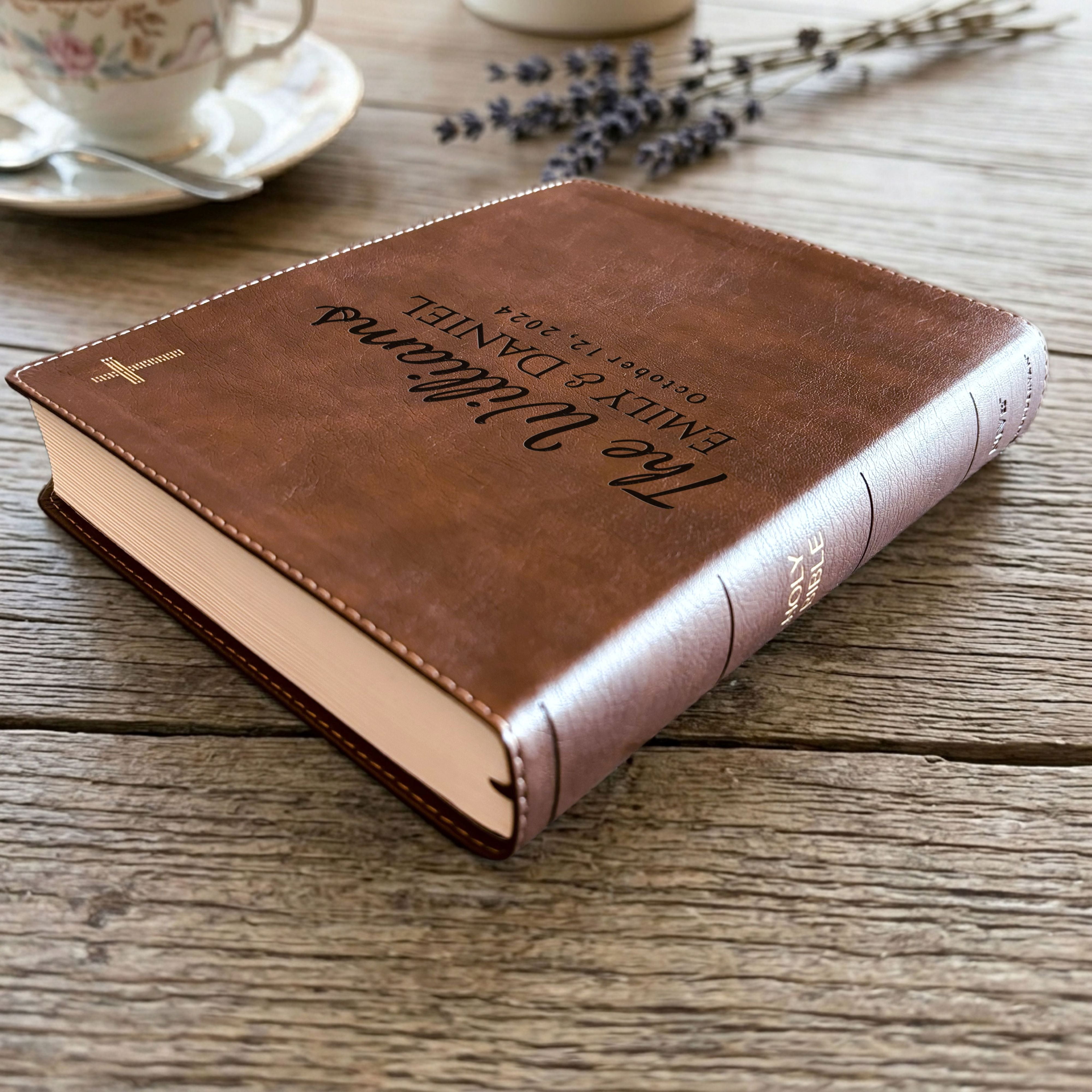 Personalized NIV Wide Margin Journaling Bible, Red Letter Family Bible Set with Tabs & Highlighters, Custom Gift for Wedding or Anniversary