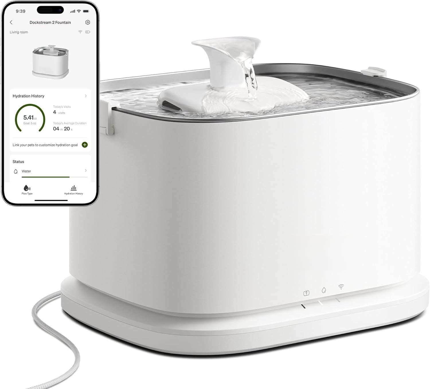 Upgrade Cat Water Fountain Stainless Steel Tray, Dockstream 2 Cat Fountain Indoor, 3L/101oz Auto Cat Fountains for Drinking, App Monitoring Pet Water Fountain Dog, 5G WiFi Cat Water Dispenser